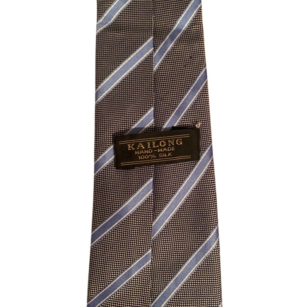 Kailong Hand Made Silk Tie Blue White Diagonal Stripe Micro Pattern Navy Gray